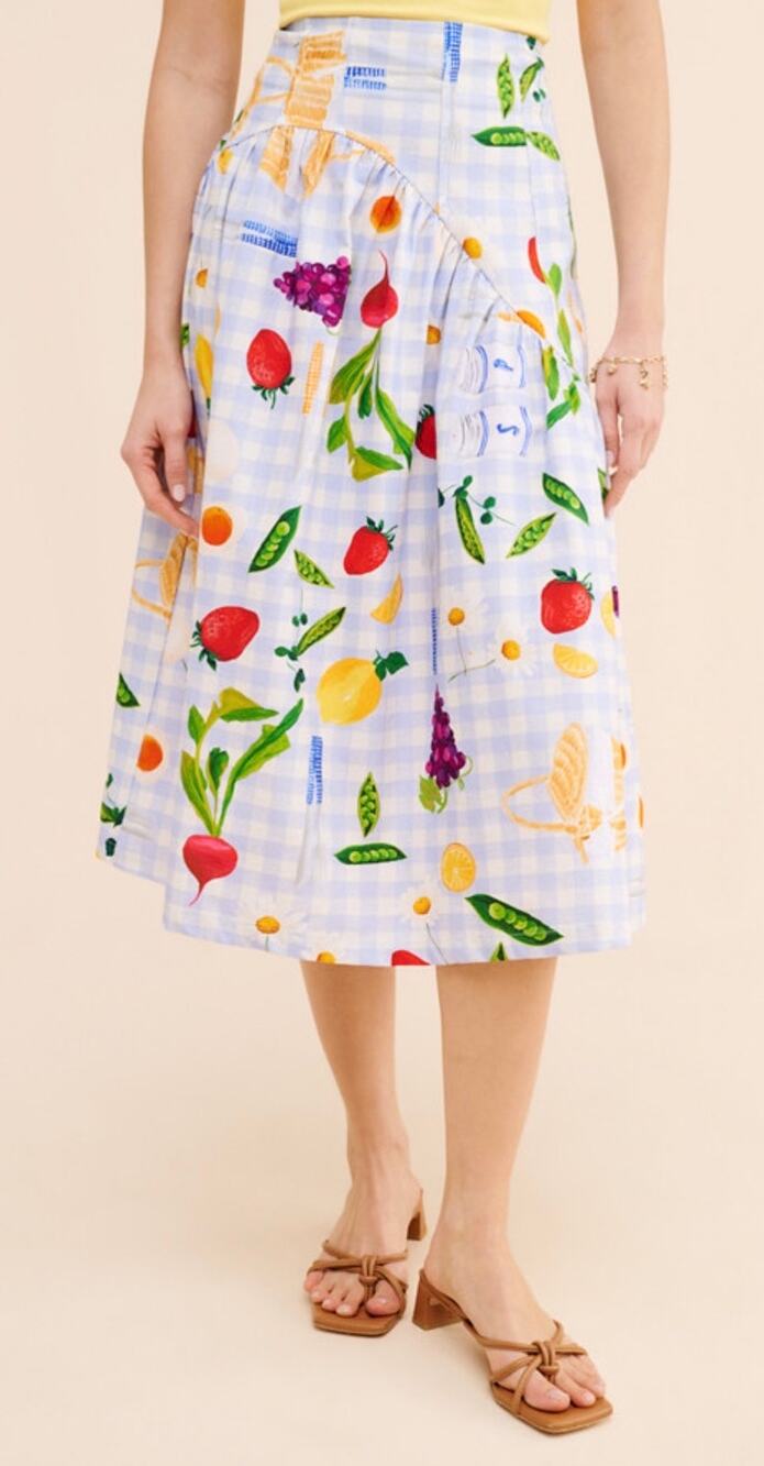 Lisa Says Gah Maeve Picnic Alfresco Midi Skirt Blue Gingham Fruit Print Medium